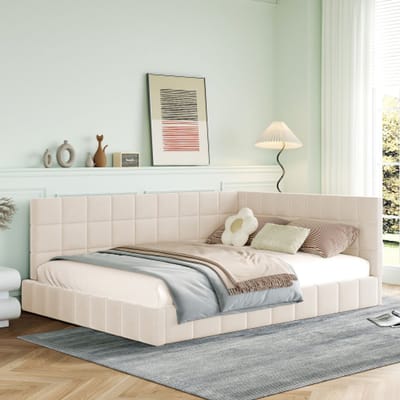 Slaapbank 140x200 cm – Multifunctioneel bed met lattenbodem, bekleed met huidvriendelijk fluweel in beige