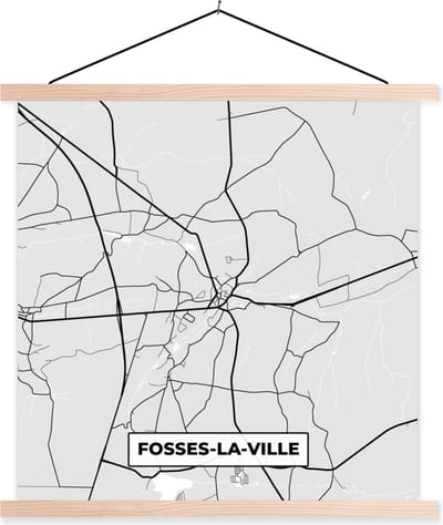 Posterhanger incl. Poster 40x40 cm - Schoolplaat - Zwart Wit – België – Plattegrond – Stadskaart – Kaart – Fosses la Ville - Textielposter - Blanke latten - Stadskaart