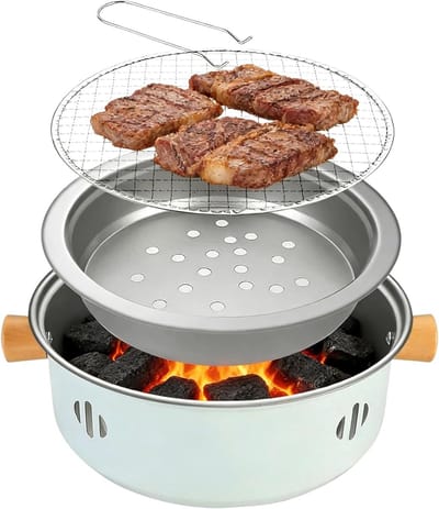 Draagbare houtskoolgrill voor binnen en buiten: mini BBQ met draadgaas, ideaal voor huisfeest, picknick en camping, bakrooster diameter 26,5 cm, wit