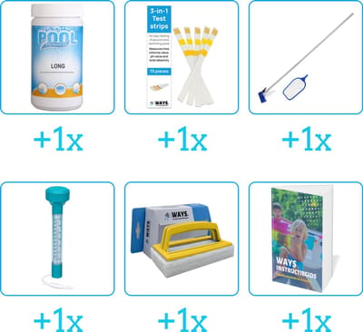 Zwembad Onderhoudspakket - Onderhoud Zwembad - bevat Chloor - Testrips - Schoonmaakset - Thermometer - Scrubborstel en Zwembadgids (6-delig)