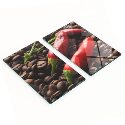 Stijlvolle en duurzame glazen snijplanken met chilipepers en koffie, 2x30x52 cm
