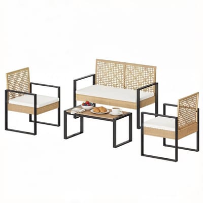 Loungeset - Modulaire Tuinset Met 2-Zitsbank, 2 Fauteuils En Tafel - Met Kussens - Voor Balkon En Terras - Rotan Naturel