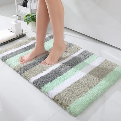 Buganda Microfiber Striped Bath Mat Extra Thick Soft Shag Absorbent Machine Washable Non-Slip Bath Mat for Bathtub and Shower 91.5 x 61 cm Green/Grey