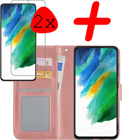 Hoesje Met 2x Screenprotector - Geschikt voor Samsung Galaxy S21 FE - Luxe Pasjeshouder - Bookcase Portemonee - Flip Case - Kunstleer Book Case - Flipcase Hoes - Book Cover - Walletcase - Portemonneehoes - Rosé goud