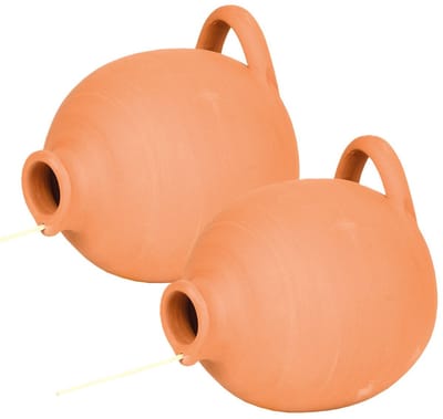 Esschert Design terracotta vogelhuisje/schuilplek - 2x - pot voor Mussen/Mezen - vorstbestendig steen - 17 cm