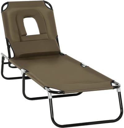 Delightness Ligbed - Opvouwbaar - Met Leesgat - Tuinbed - Verstelbaar - Buiten - Tuinmeubel - Tuin - Kussens - 190x56x28cm - Bruin