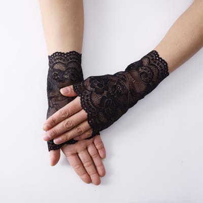 Gants courts en dentelle ajourée pour femmes, sans doigts, manches de protection solaire, maille fine, cyclisme, mitaines sexy, demi-doigts noir