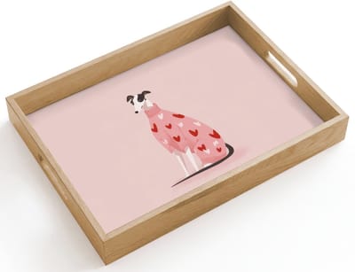 Dienblad hout 40x30 cm - Schootdienblad - Hond - Hartjes - Roze - Borrelplank rechthoek - Plateau dienbladen