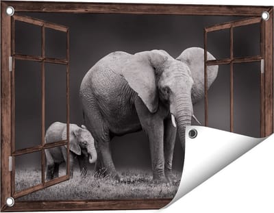 Gards Tuinposter Doorkijk Olifant Moeder en Zoon - Zwart Wit - 60x40 cm - Tuindoek - Tuindecoratie - Wanddecoratie buiten - Tuinschilderij