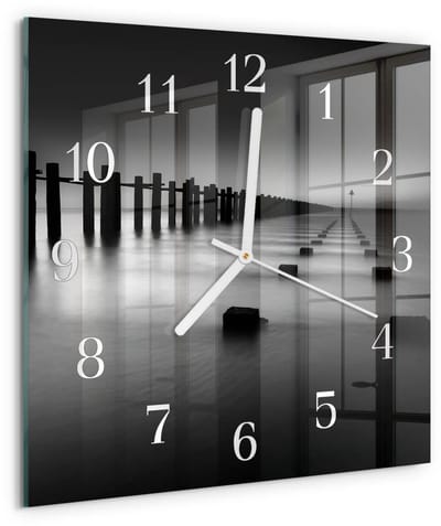 Tulup Wandklok - Zee Glazen Wandklok Design - 30x30 cm - Zwart Klok Glas Met Opdruk - Witte Handen - Vierkante Wandklok - Decoratieve Glazen Klok - Glazen Wandklok Design