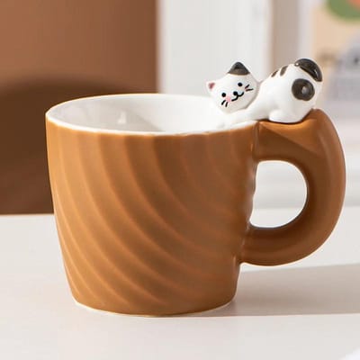 Creatieve Cartoon Kat Keramische Mok Leuke Kat Kop Kinderen Melk Ontbijt Thuis Kantoor Koffiekopjes Theekop Cadeau Vrienden Drinkware 301-400ml brown