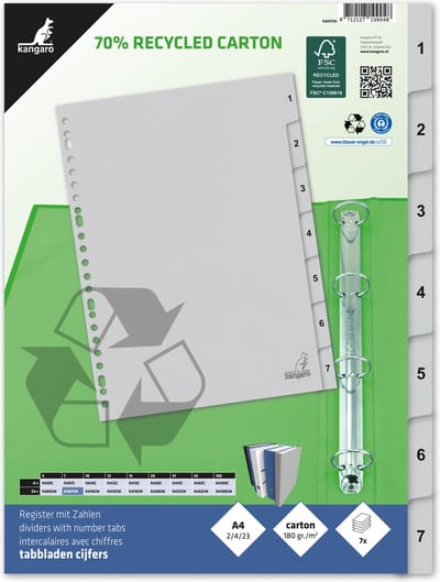 Kangaro tabbladen - A4 - cijfers 7-delig - ECO karton 180 grams - 23-gaats
