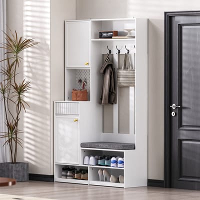 Gutent Garderobekast - Complete garderobekast - met bank - 4 haken - Deuren en laden - Wit- Afmetingen: 100 x 180 x 35 cm (B x H x D)