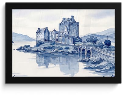 Poster in lijst - Fotolijst 30x20 cm - Posters - Schots - Kasteel - Blauw - Aquarel - Posterlijst zwart - Decoratie - Wanddecoratie woonkamer - Muurdecoratie slaapkamer