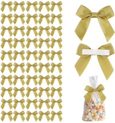 Cadeaustrikken, zelfklevend, 50 stuks, mini satijnen linten, voorgebonden strik met dubbelzijdig plakband voor geschenkverpakkingen, bruiloftsdecoraties (goud)