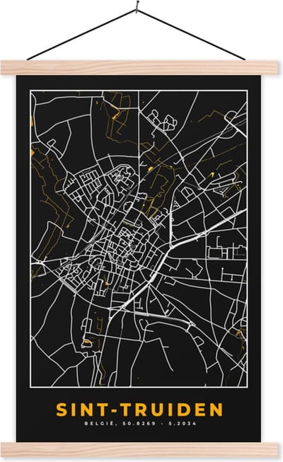 Posterhanger incl. Poster 40x60 cm - Schoolplaat - Plattegrond - Goud - Sint-Truiden - Kaart - Stadskaart - Textielposter - Blanke latten - Stadskaart