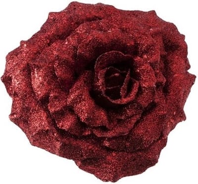 1x Kerstboomversiering bloem op clip rode glitter roos 18 cm - kerstboom decoratie - rode kerstversieringen