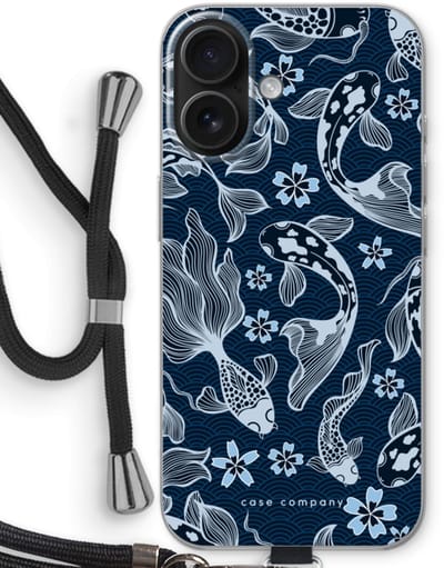 Case Company® - Hoesje met koord geschikt voor iPhone 16 hoesje met Koord - Midnight Koi - Telefoonhoesje met Zwart Koord - Bescherming aan alle Kanten en Over de Schermrand