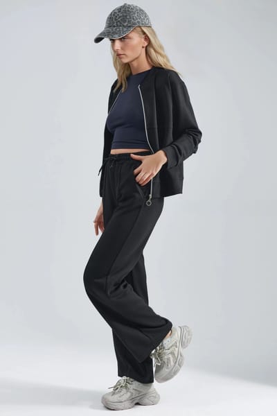 Modal Touch Sweater met Rits en Geribbelde Broek Set