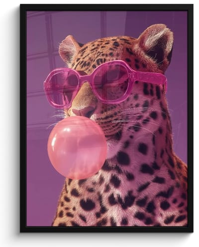 Poster in lijst - Fotolijst 60x80 cm - Posters - Panter - Zonnebril - Kauwgombel - Roze - Posterlijst zwart - Decoratie - Wanddecoratie woonkamer - Muurdecoratie slaapkamer