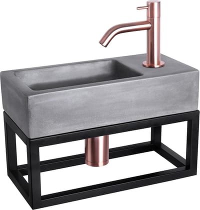 Differnz Ravo fonteinset - 38.5x18.5x25cm - Rechthoek - 1 kraangat - Gebogen rose koperen kraan - met zwart frame - beton donkergrijs