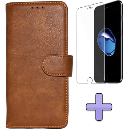 HB Hoesje Geschikt voor Apple iPhone SE (2020) Bruin - Luxe Kunstlederen Portemonnee Book Case & Glazen Screen Protector