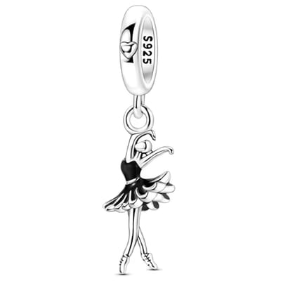 Fler® | Bedel | Past op populaire bedelarmbanden (standaard - 3mm) | Ballerina Bedel | Hangbedel Charm | 925 sterling zilver | Zwarte emaille | Valentijnsdag Cadeau | Sinterklaas kado | Kerstcadeau | Verjaardagsgeschenk | Vriendschap