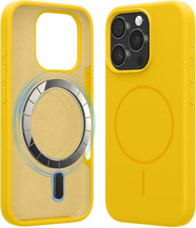 kwmobile Telefoonhoesje voor Apple iPhone 16 Pro - Hoes met siliconen randen en magnetische achterkant compatibel met MagSafe, in stralend geel