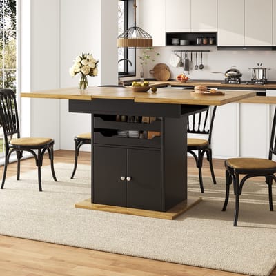 MODENUIT Eettafel - Uitschuifbaar Met 2 Laden En Kast - Voor Keuken En Eetkamer - MDF - Zwart - 110-140x80x76 Cm
