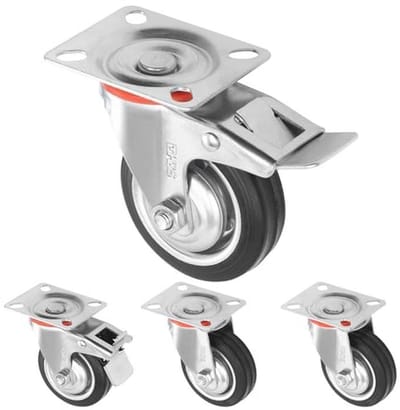 Rubberen meubelwielen set van 4 - 75 mm - 2 met remmen - Dubbel kogellagers draaikoppen - Transportwielen voor meubels