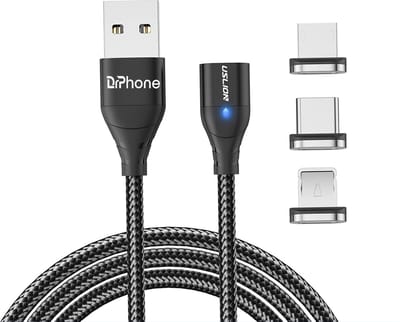 DrPhone USLION 3 in 1 Magnetische Gevlochten 3A USB-C/Lightning/Micro USB Kabel - Oplaadkabel - Qualcomm 3.0 – Data + Oplaad - 2 Meter - Zwart