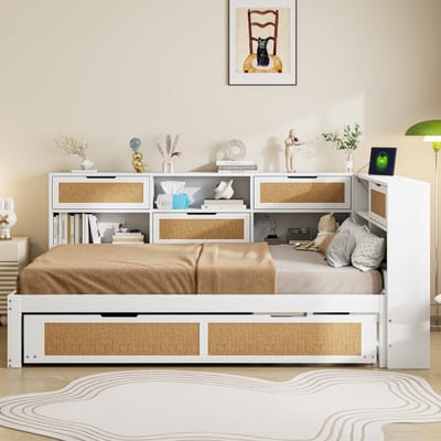 Slaapbank 140x200 cm - met uitschuifbaar bed - kinderbed - met opbergruimte en oplaadpoort - wit - zonder matras