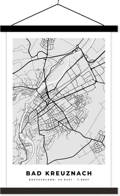 Posterhanger incl. Poster 40x60 cm - Schoolplaat - Stadskaart - Bad Kreuznach - Plattegrond - Kaart - Duitsland - Textielposter - Zwarte latten - Stadskaart