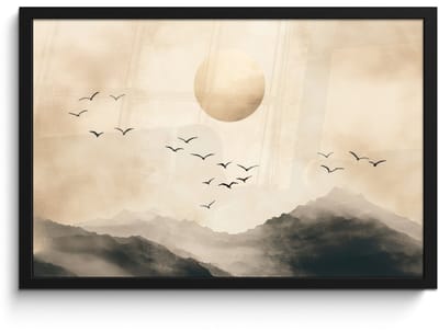 Poster in lijst - Fotolijst 60x40 cm - Posters - Landschap - Japandi - vogel - Posterlijst zwart - Decoratie - Wanddecoratie woonkamer - Muurdecoratie slaapkamer