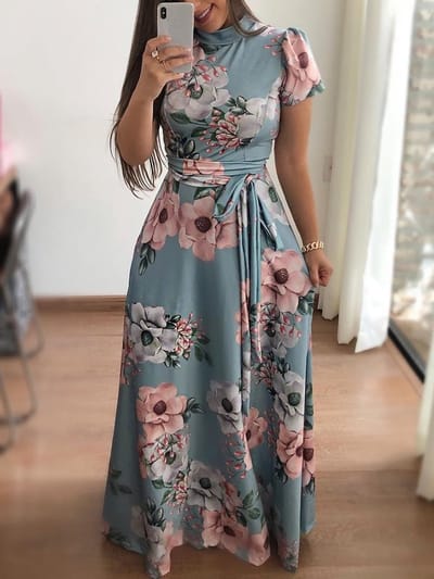 Dames Lange Jurk - Maat S - Korte Mouw - Luchtige Zomerjurk - Peony, rose - One size - Groen - LOUZIR