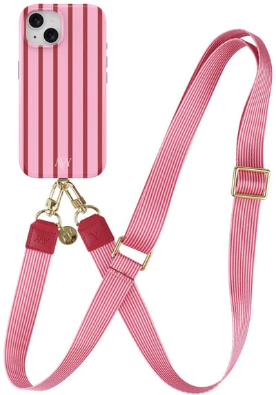 AVY Hoesje Met Telefoonkoord | Geschikt voor Apple iPhone 15 | Compatibel met MagSafe | Hard Shell Back Cover | Stijlvol Bijpassend Koord 130CM | Linea Sol | Roze