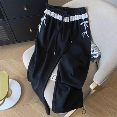 Kant Kant Splicing Trekkoord Joggingbroek Dames Lente Losse Rechte Hoge Taille Casual Legging S zwart