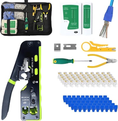 Krimptangset voor RJ45 met 50 Pass Through Stekkers en Kabeltester - Netwerkgereedschap voor CAT5/CAT6/CAT7