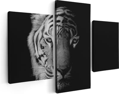 Artaza Canvas Schilderij Drieluik Tijgerkop - Tijger - Zwart Wit - 90x60 - Foto Op Canvas - Canvas Print