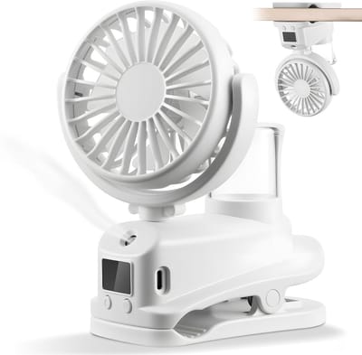 Klem Vernevelingsventilator Met LED Scherm, Mini Oplaadbare Draagbare Ventilator, 4 Snelheden, USB Ventilator, Reisaccessoire Voor Buiten/Kantoor/Camping, Wit