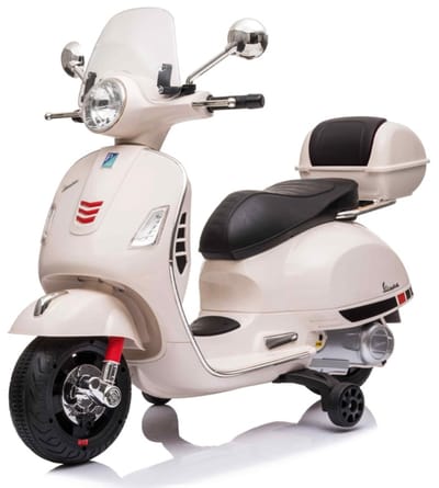 Vespa GT-S 12V elektrische kinderscooter wit - full options - licentie scooter - met windscherm, beautycase en zijwieltjes