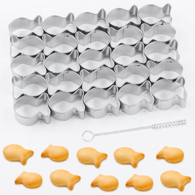 Mini visvormige koekjesuitsteekvormpjes 25 stuks - roestvrij staal - met schoonmaakborstel - ideaal voor kinderfeestjes - ShopVlot