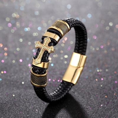 Leren Handgeweven Armband Leren Armband Kruis Heren Leren Armband Retro Trend black
