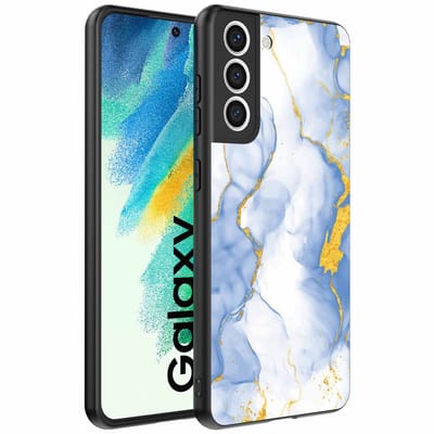 Geschikt voor Samsung Galaxy S21 FE Telefoonhoesje met Lichtblauw Goud Marmer Opdruk - TPU Backcover Case Lightblue Gold Marble Design - Smartphonica geschikt voor Samsung Galaxy S21 FE