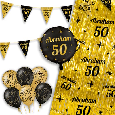 LUQ – Party Essentials Abraham – Zwart-Goud Verjaardag Feest Versiering – Luxe Ballonnen-Slingers-Vlaggenlijn-Gordijn