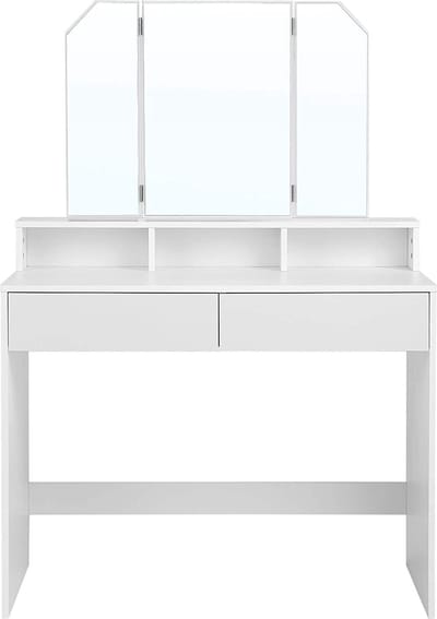 Hoppa! Kaptafel, kaptafel met opklapbare spiegel en 2 laden, cosmetische tafel met 3 open compartimenten, kaptafel, voor make-up, modern, wit