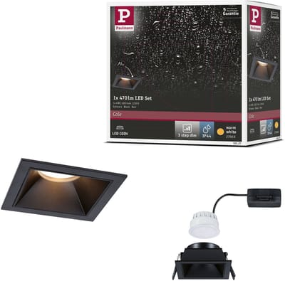 LED-inbouwlamp 3-Step-Dim Cole Coin Set van 1 IP44 hoekig 88x88 mm Coin 6W 470lm 230V dimbaar 2700K Zwart