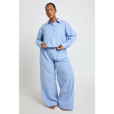 boohoo Dames Plus Katoenen Pyjama Broek Met Krijtstreep | Blauw | Maat: 44