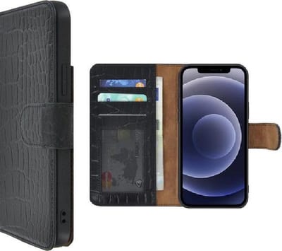Pearlycase Hoesje Geschikt voor Iphone 12 Pro Max Hoesje - Leder Bookcase - 12 Pro Max Book Case Wallet Echt Leer Croco Zwart Cover