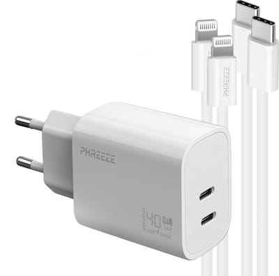 Phreeze usb C power adapter - Geschikt voor iPhone en iPad met Lightning kabel - Dual port GaN oplader met 2 kabels 1 meter
